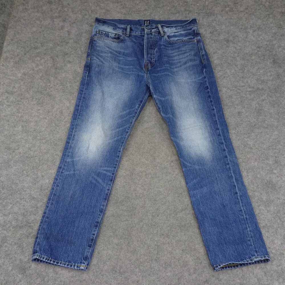 Gap Jeans Mens 31x30 Blue Denim Easy Fit Button Fly Distressed Measures 31x27